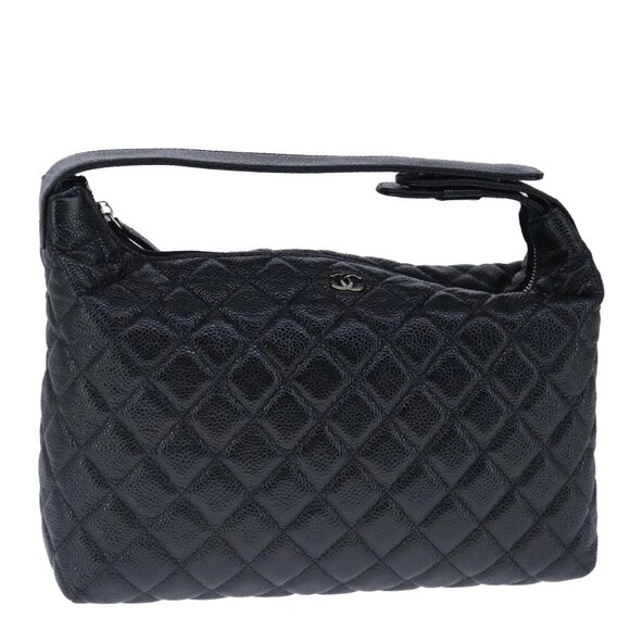 CHANEL Matelasse Hand Bag Grained Calf Skin Black CC Auth 102997A - Picture 1 of 16